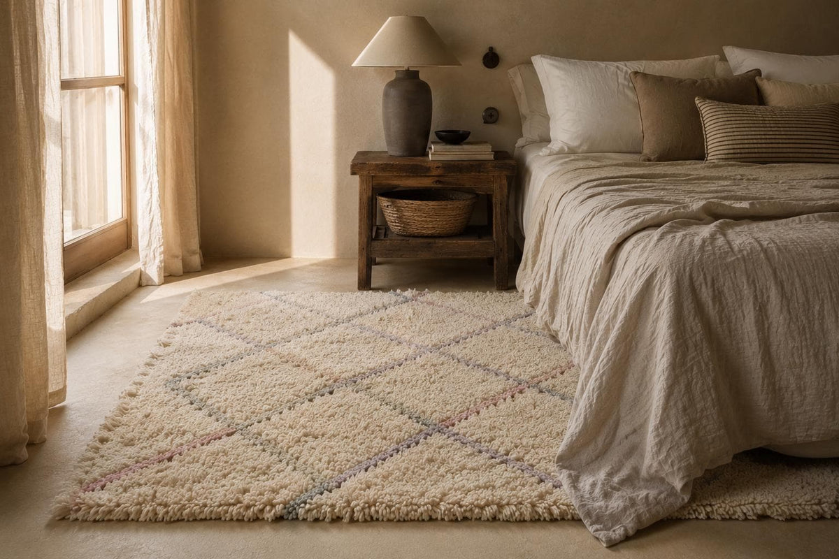 Minimalist ivory hand-knotted wool rug