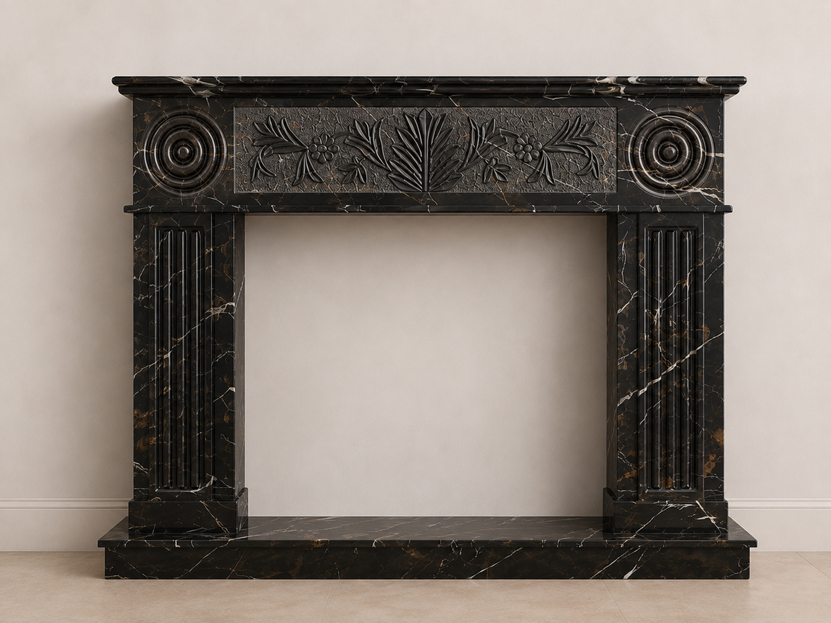 Hand-carved black and gold marble fireplace mantel