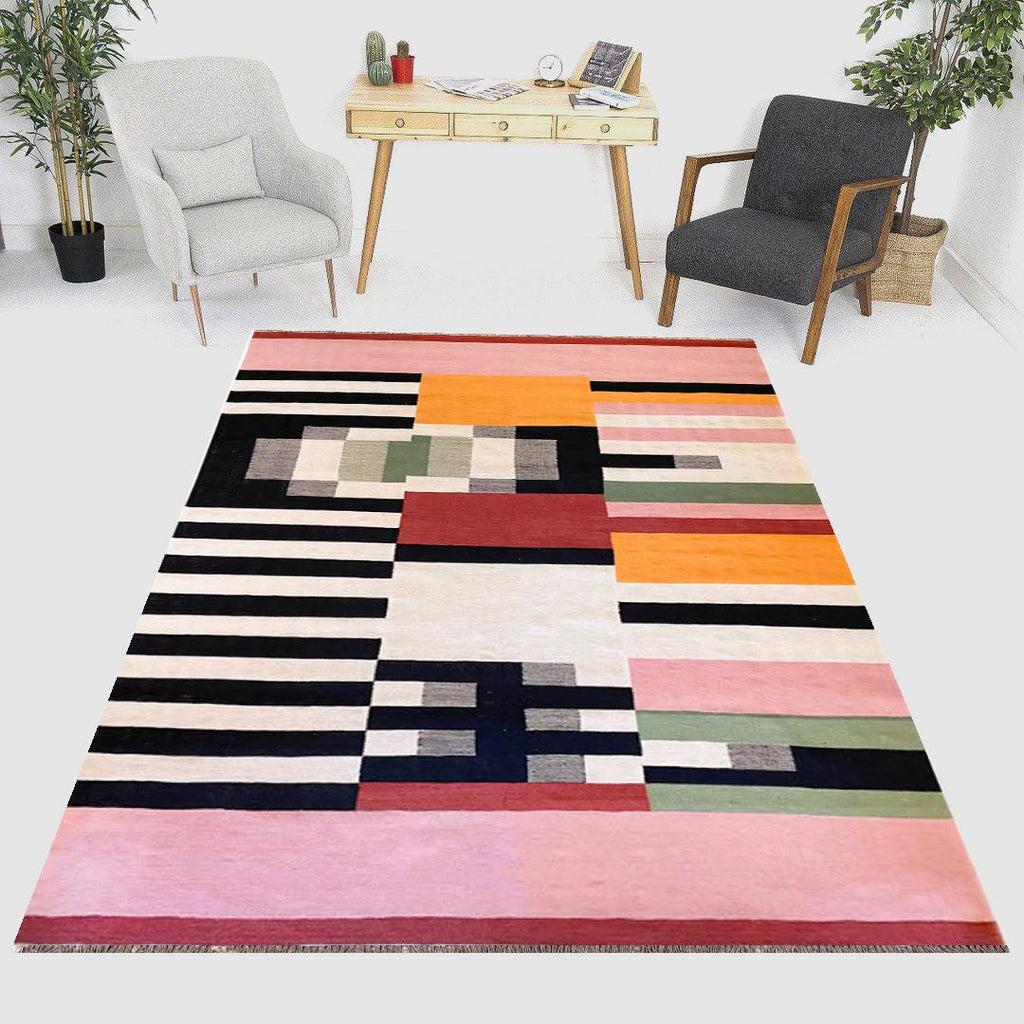 Abstract Geometric Kilim Rug – Handwoven Wool Area Rug | Modern Home Decor