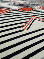 black white and orange  aztec wool  Rug - striped wool kilim,  100%wool rug , 8x10 black and cream rug,
