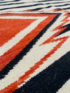 black white and orange  aztec wool  Rug - striped wool kilim,  100%wool rug , 8x10 black and cream rug,