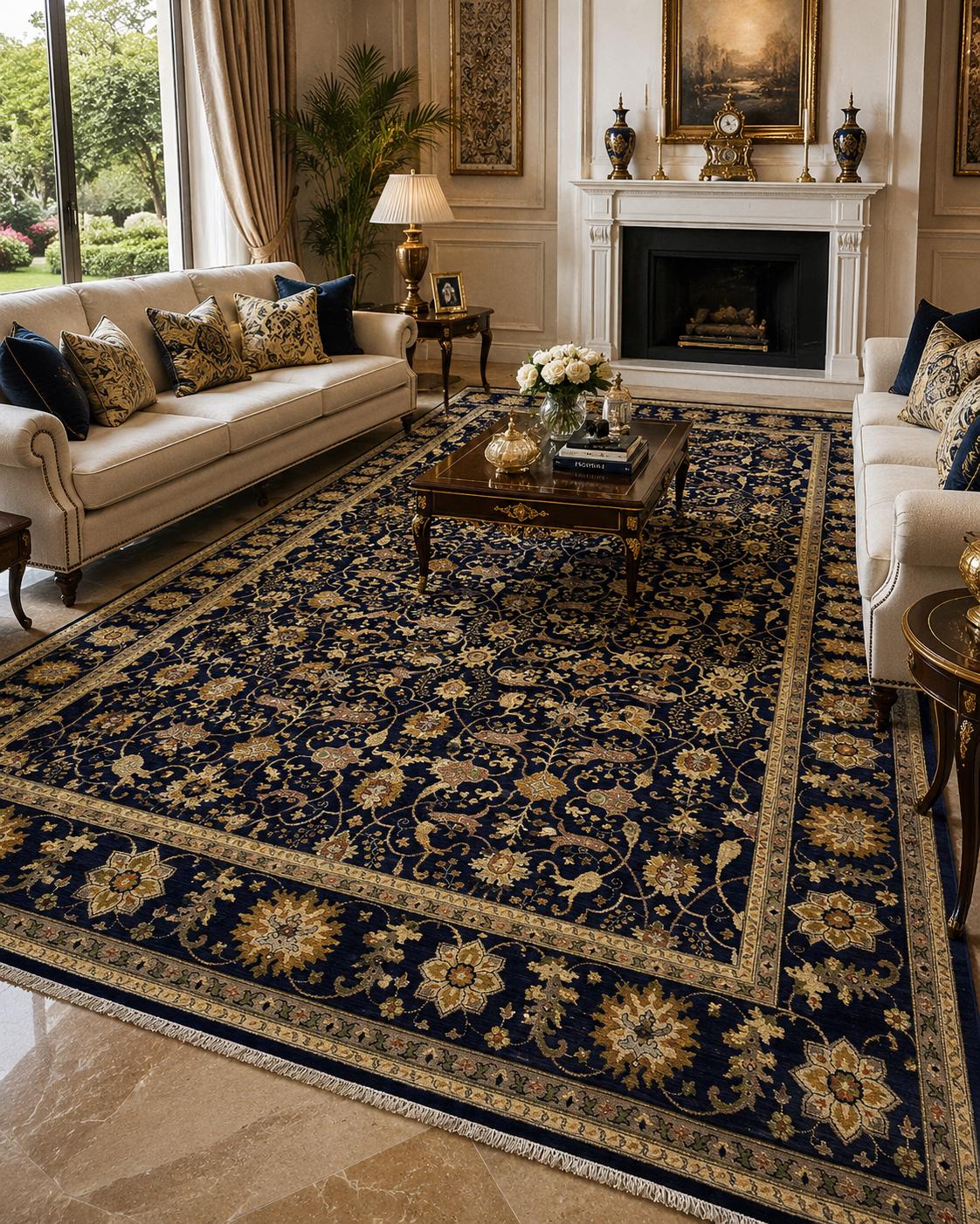 Hand-Knotted Ziegler Chobi Wool Rug – Traditional Floral Bordered Design, Black & Cream