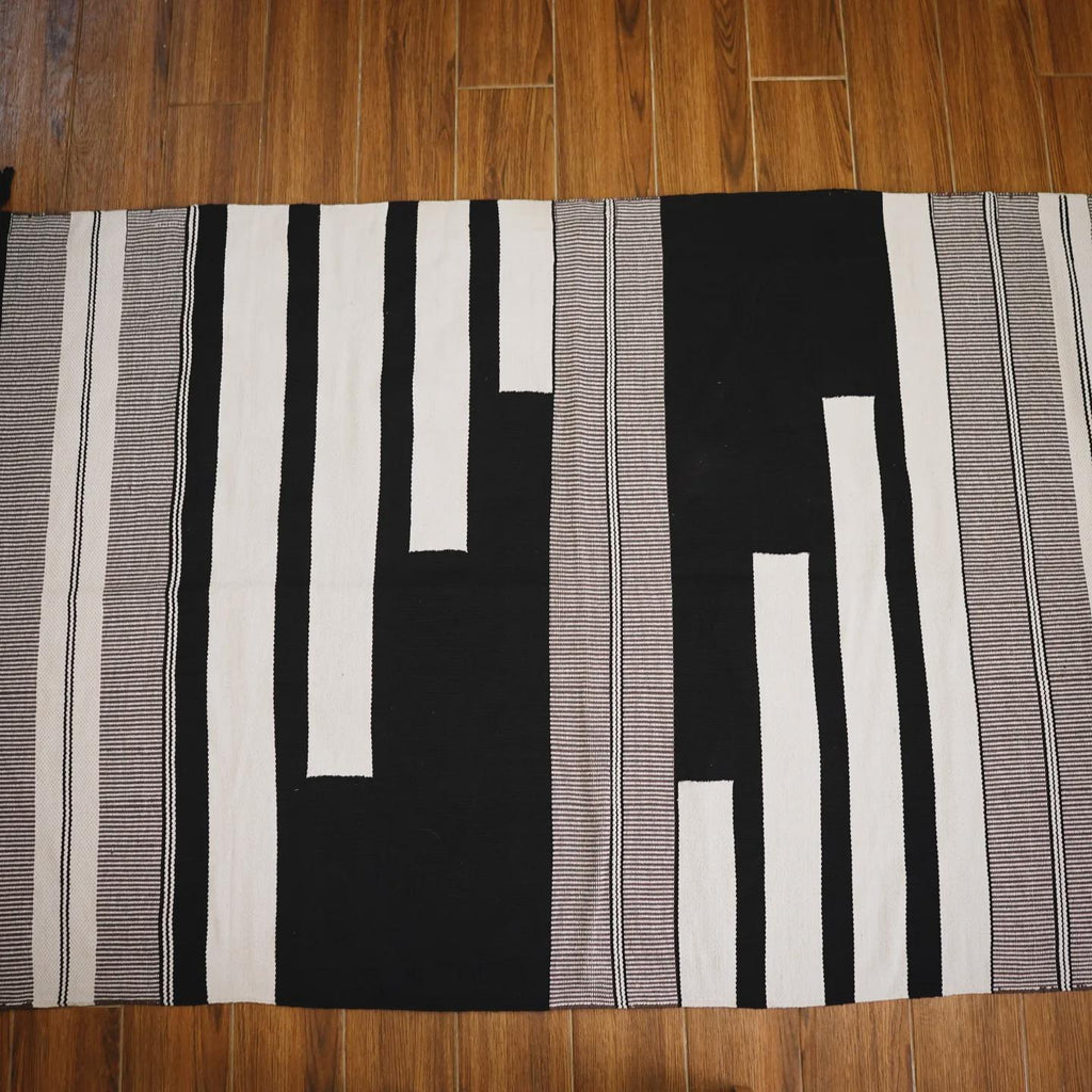 Handwoven Black and White Kilim Rug: Boho Throw, Cotton Accent