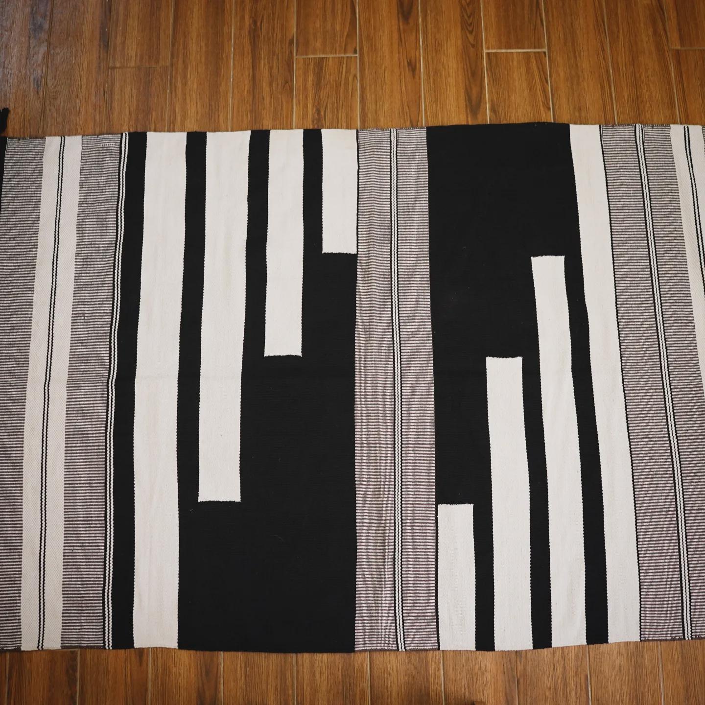 Handwoven Black and White Kilim Rug: Boho Throw, Cotton Accent