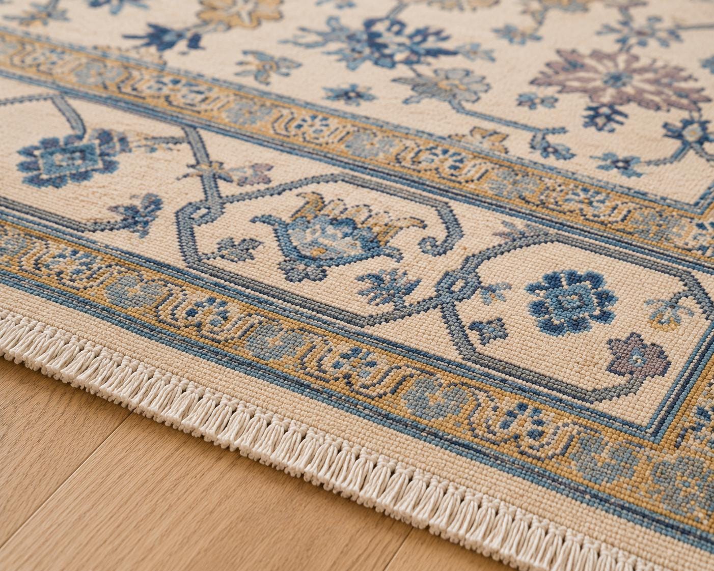 Hand Knotted blue oushak rug, Traditional turkish  Style rug, blue and ivory carpet,