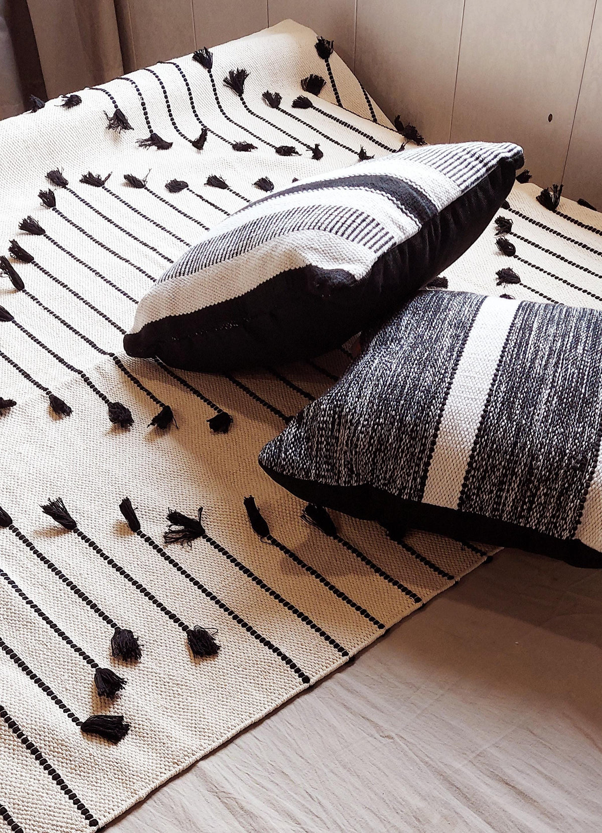 Handwoven Cotton Area Rug with Tassels, Boho Chic, Black and White Rug