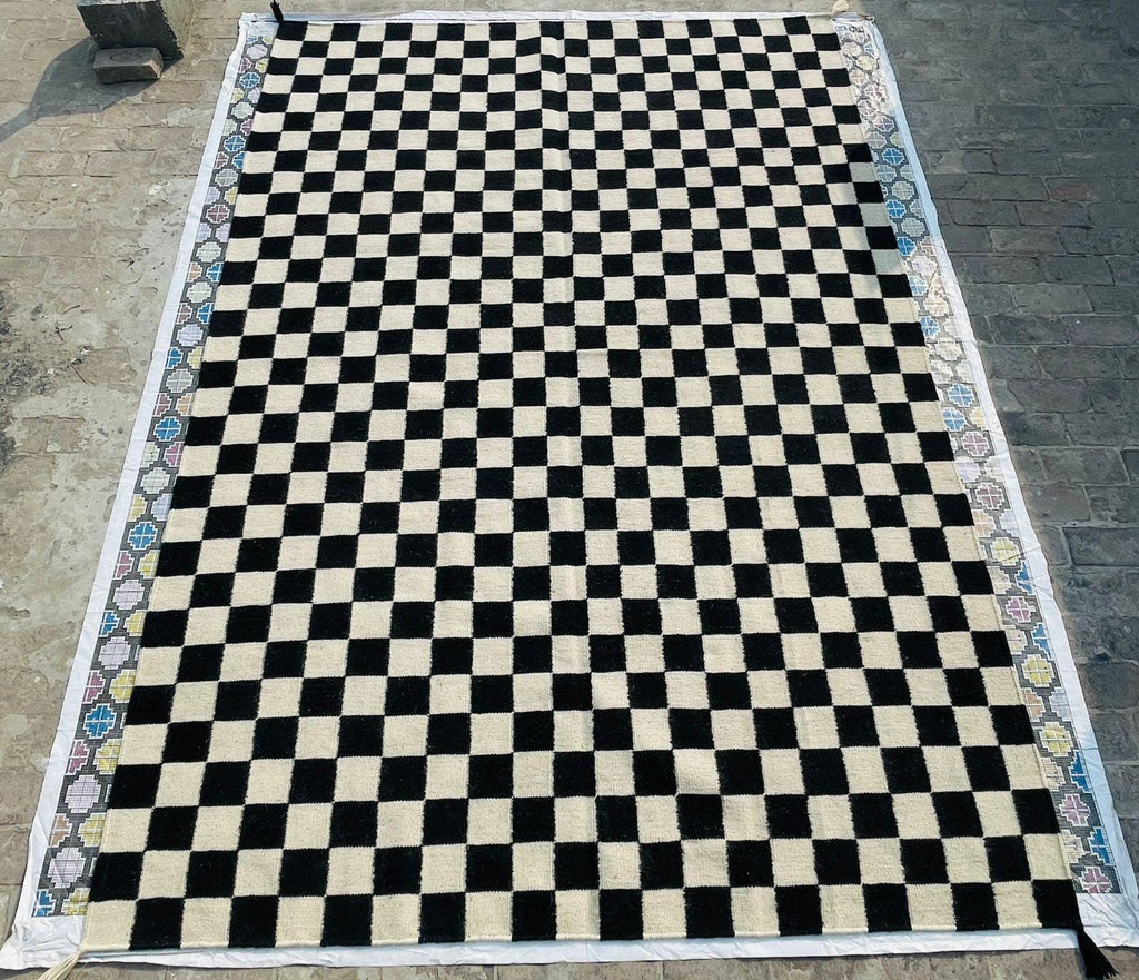 Checkered  Black Geometrical kilim rug, black and cream runner rug,