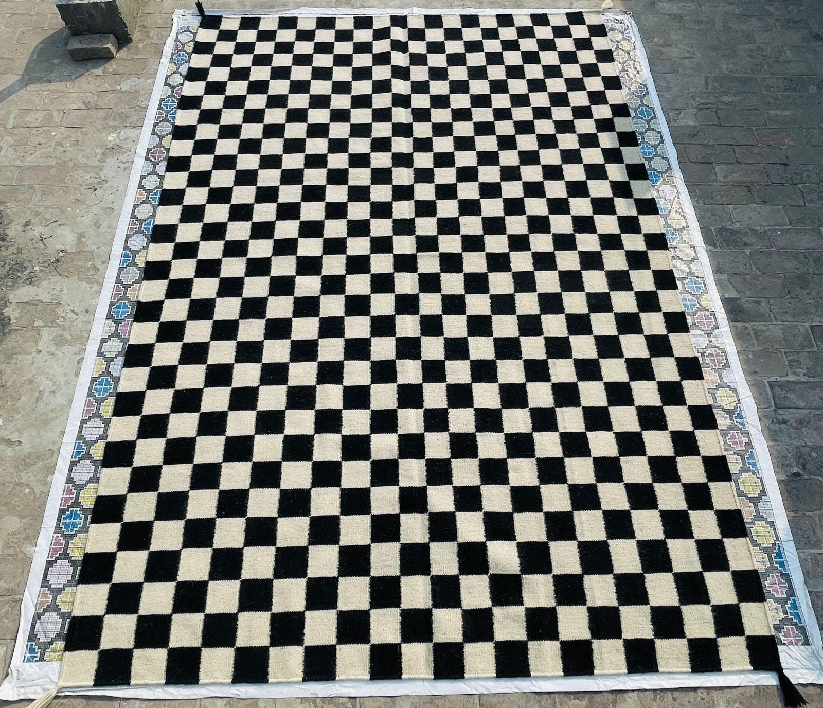 Checkered  Black Geometrical kilim rug, black and cream runner rug,