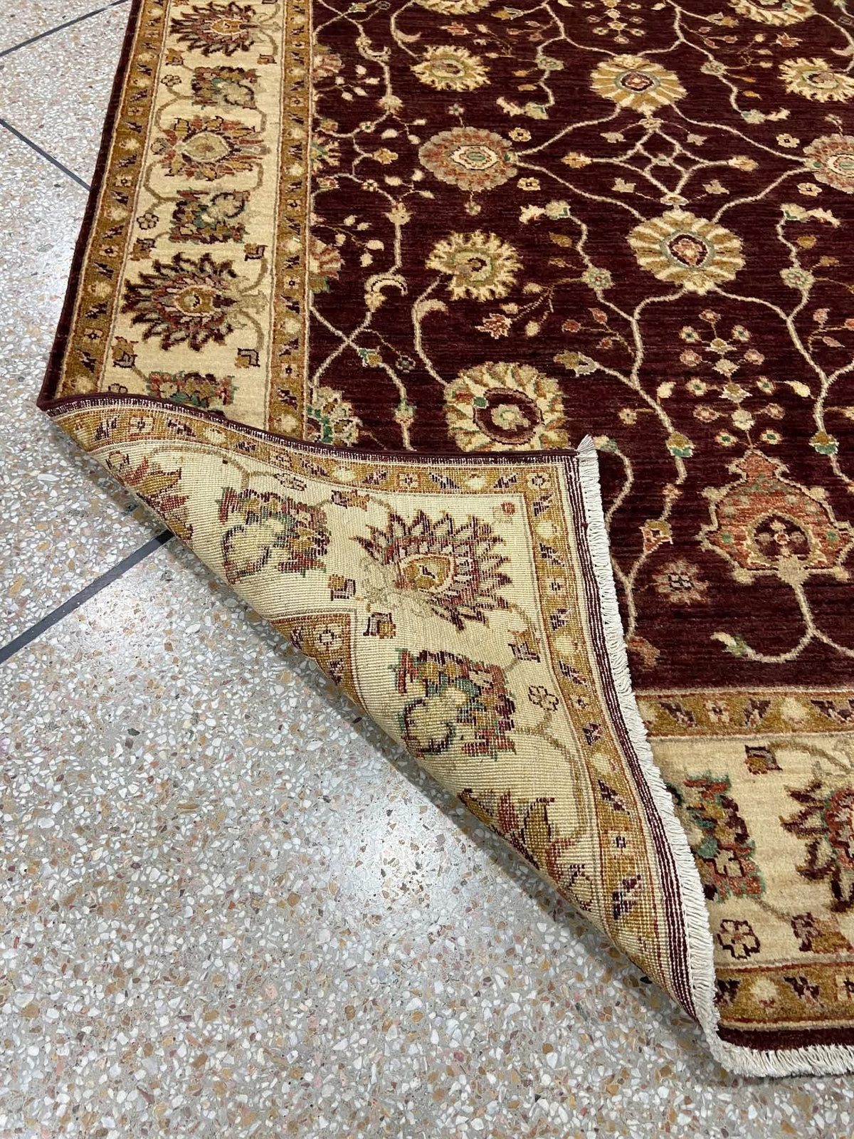 Hand Knotted Wool Ziegler Chobi Rug, Burgundy Floral Traditional Oriental Carpet, wine and beige carpet