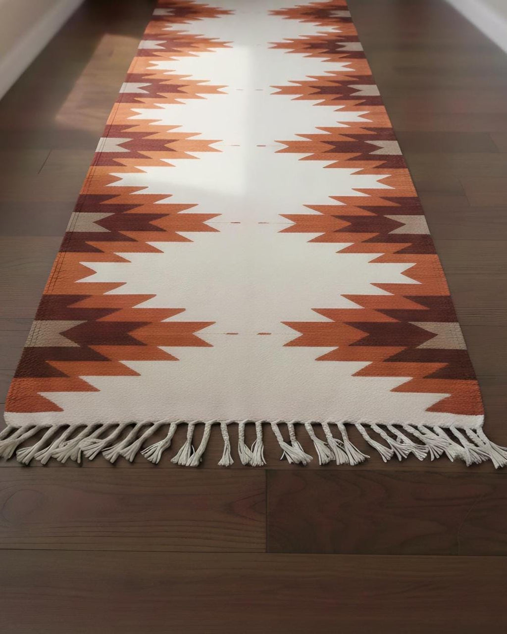 Brown Rust kilim Runner Rug | Handmade Staircase Rug| Tribal Kitchen Runner | Boho Corridor Rug | Wool Aztec Hallway Runner