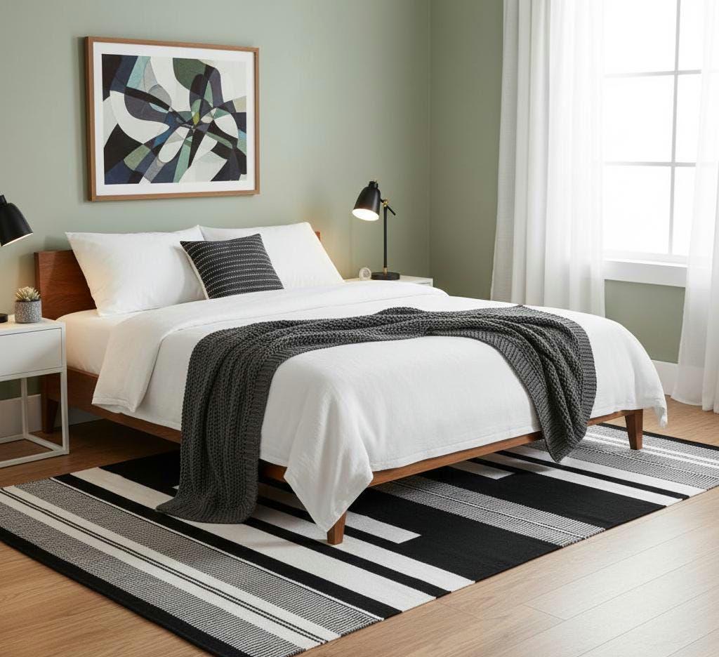 Handwoven Black and White Kilim Rug: Boho Throw, Cotton Accent