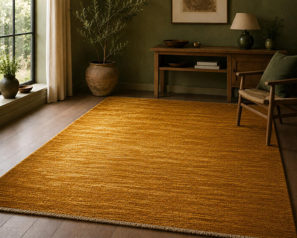 Hand Knotted Wool Gabbeh Rug, Mustard Gold Area Rug, Modern Persian soft Carpet, Solid saffron Color Wool Rug, Contemporary Handmade Rug