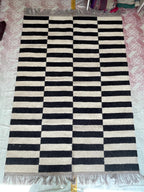 Black White Striped Rug, Scandinavian Minimalist Area Rug, Modern Kilim Carpet, Neutral Monochrome Floor Rug, Nordic Living Room Rug