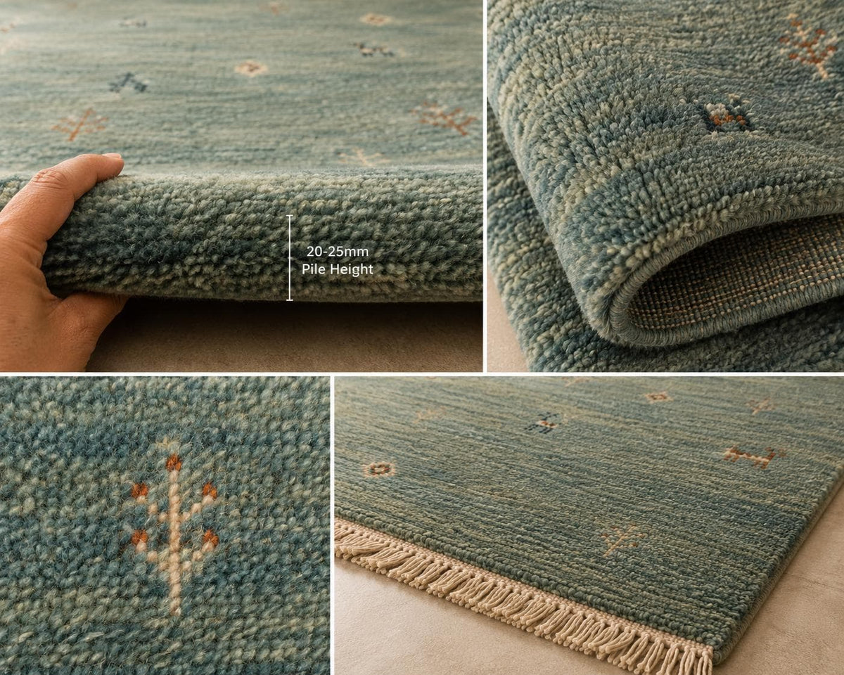 Hand-Knotted Gabbeh Wool Rug – Persian Tribal Thick Pile Rug, Muted Teal/Sage