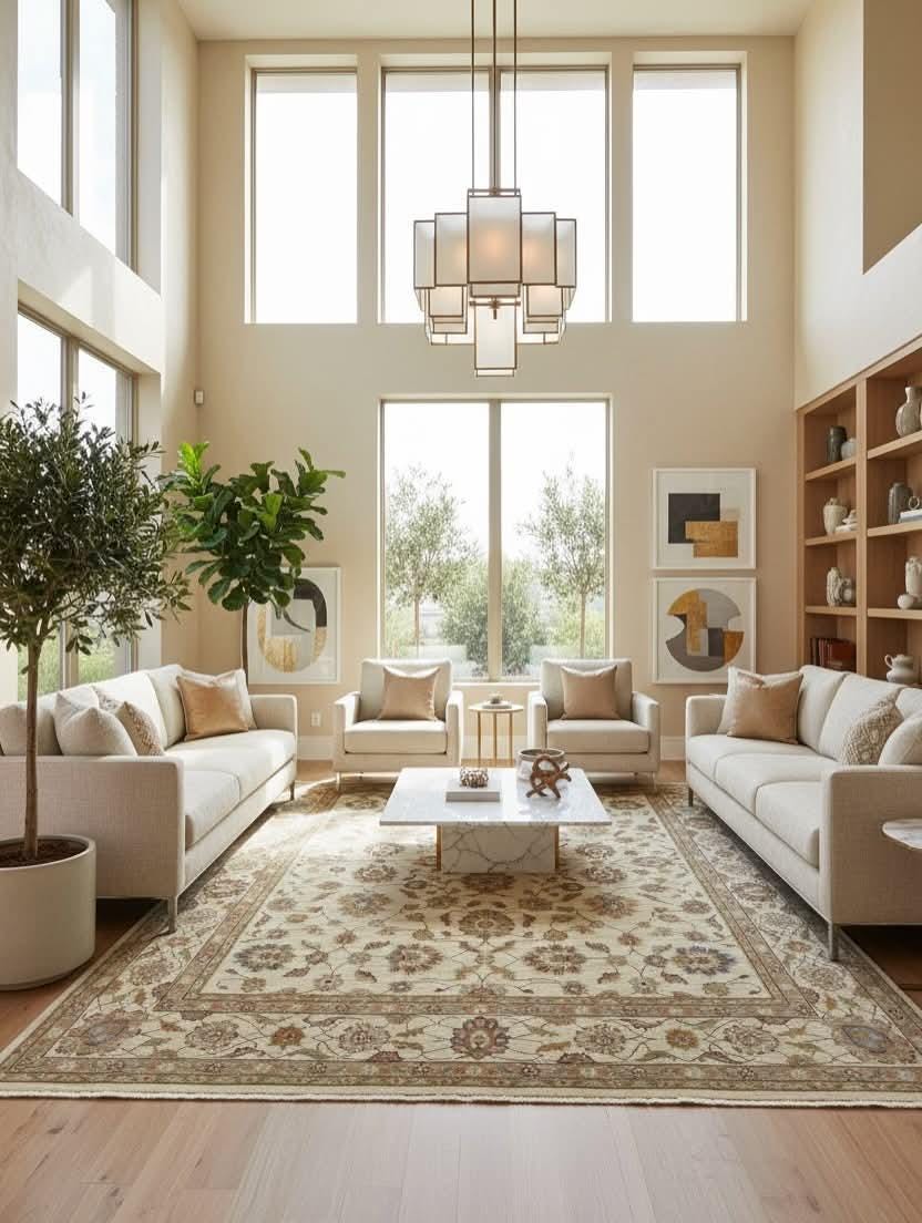 Hand-Knotted Wool Floral Rug – Modern Contemporary Statement Design, Ivory & Taupe