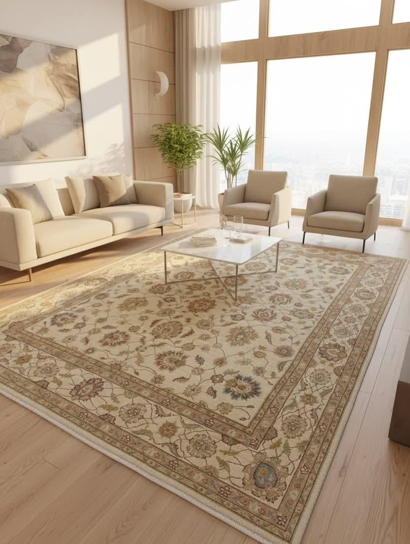 Hand-Knotted Wool Floral Rug – Modern Contemporary Statement Design, Ivory & Taupe