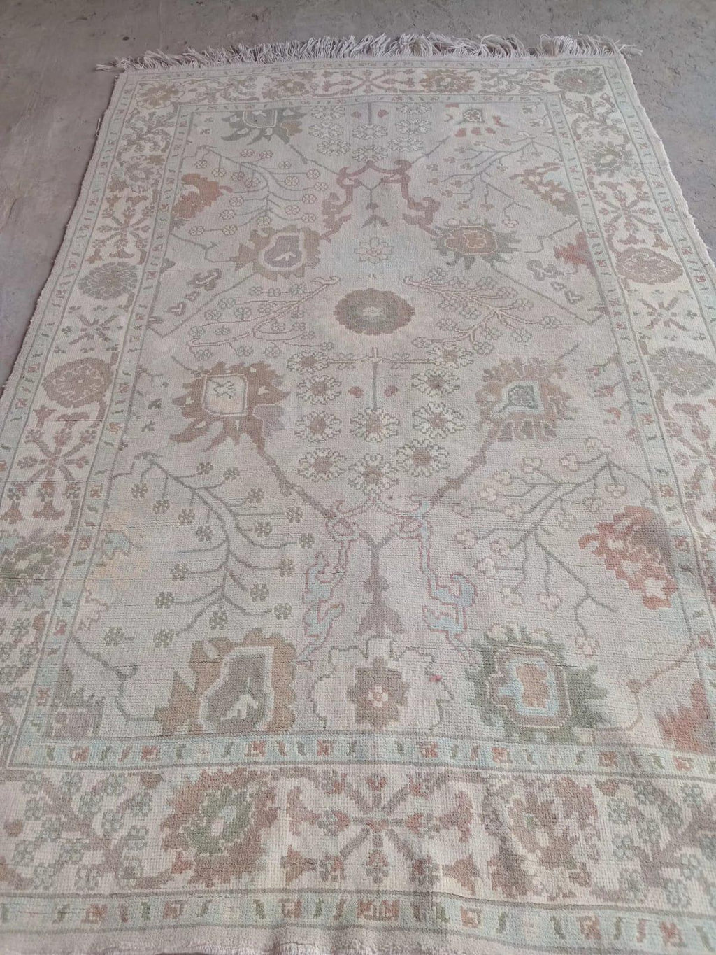 Vintage Pastel Oushak Rug 7x9ft – Handmade Turkish Style Wool Rug,  – Soft Sage, Blush & Ivory Area Rug – Traditional Floral Oushak Carpet