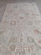 Vintage Pastel Oushak Rug 7x9ft – Handmade Turkish Style Wool Rug,  – Soft Sage, Blush & Ivory Area Rug – Traditional Floral Oushak Carpet