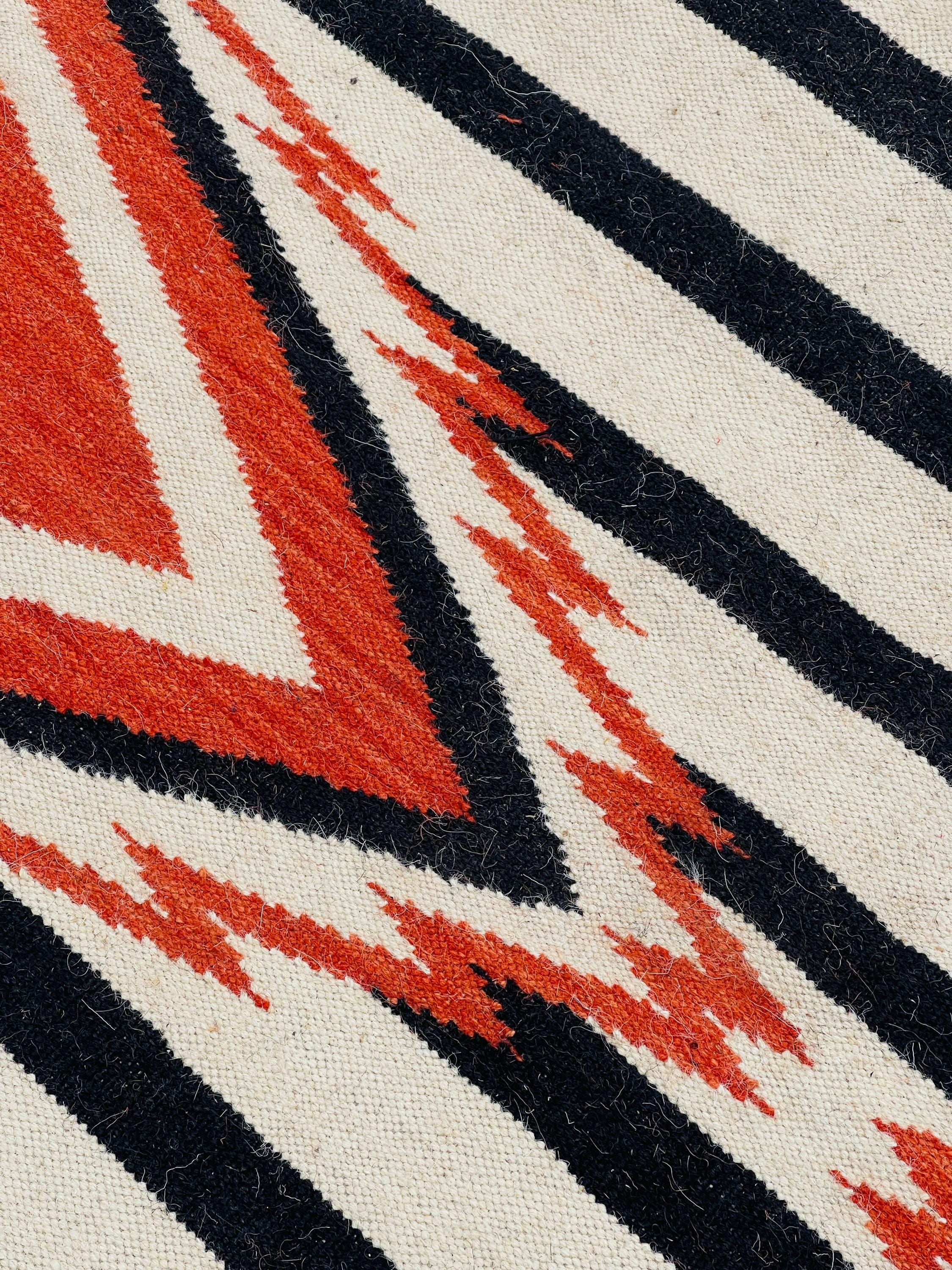 black white and orange  aztec wool  Rug - striped wool kilim,  100%wool rug , 8x10 black and cream rug,