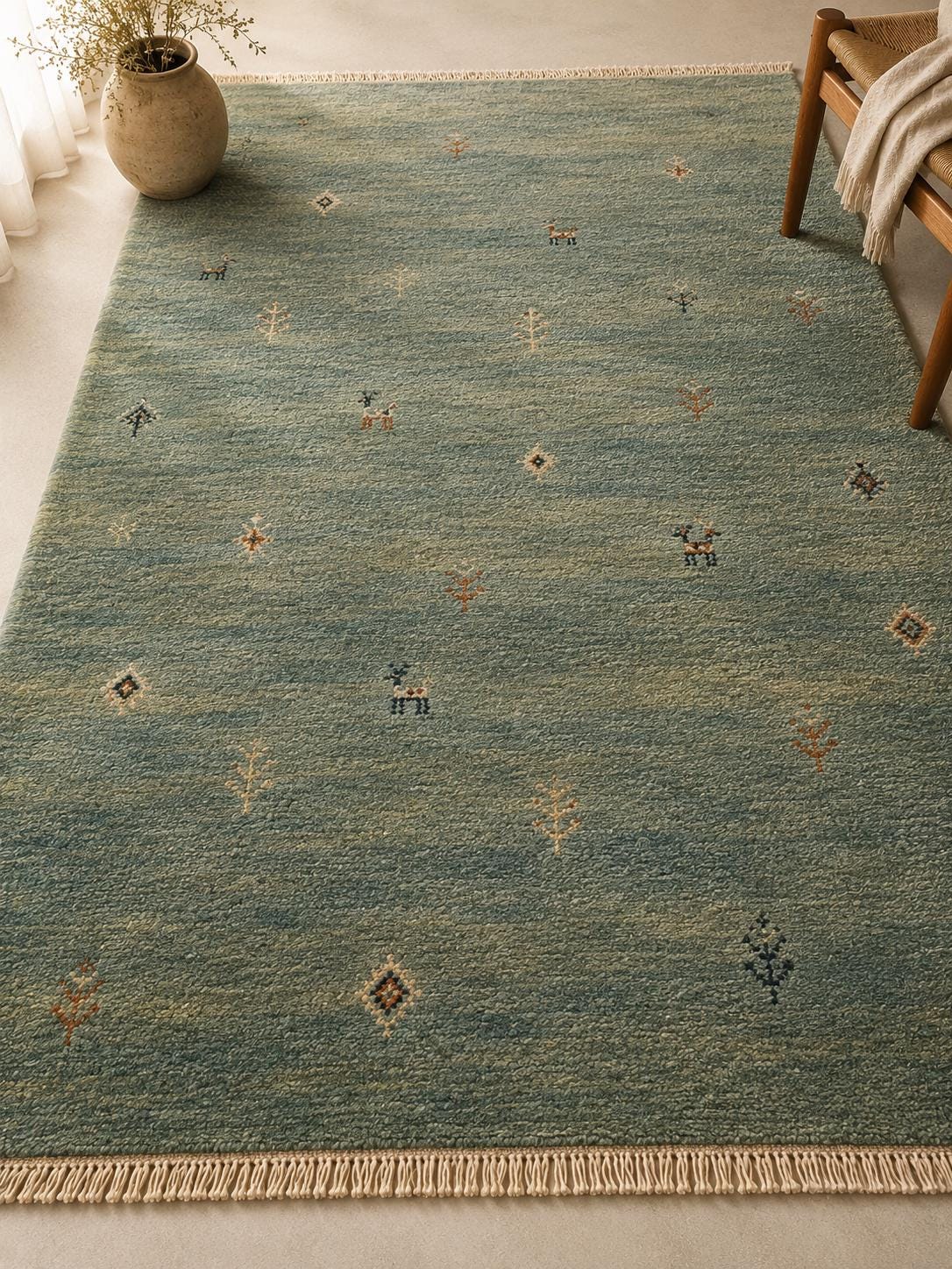 Hand-Knotted Gabbeh Wool Rug – Persian Tribal Thick Pile Rug, Muted Teal/Sage