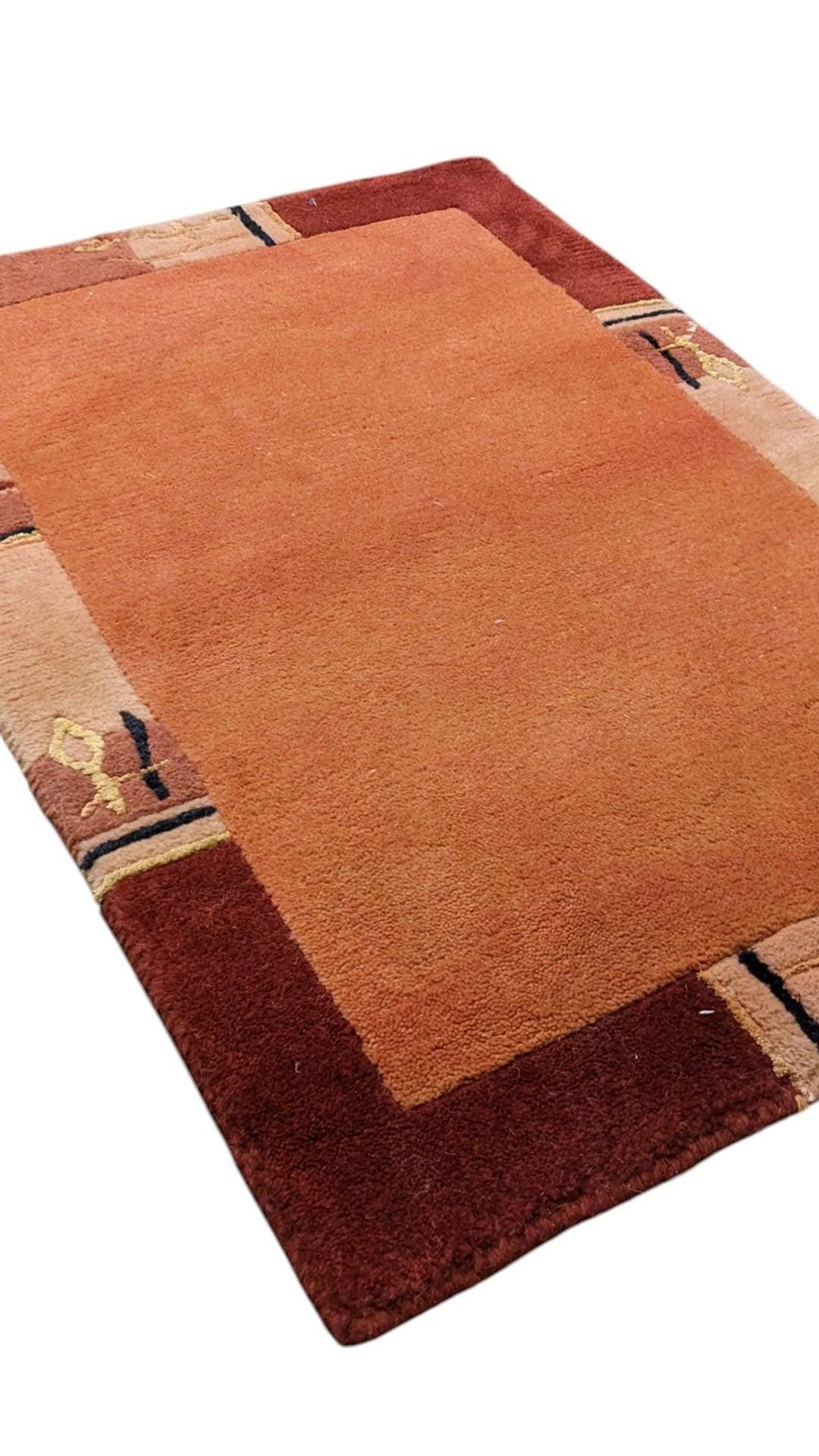 Hand-Knotted Gabbeh Wool Rug – Persian Tribal Thick Pile Rug, Terracotta with Orange Border