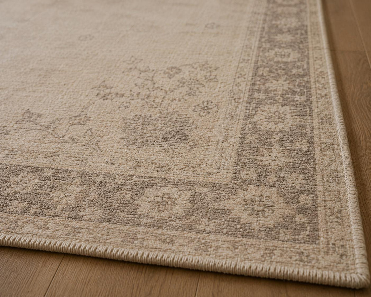 Hand-Knotted Vintage Distressed Wool Rug – Antique Wash Medallion Design, Beige & Nude