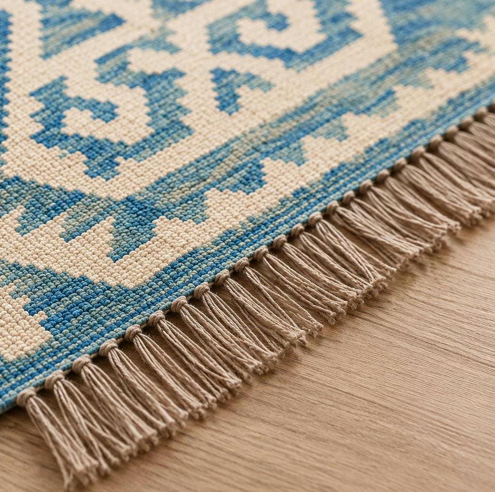 Handwoven Blue Ivory Wool Kilim Rug, Large Boho Tribal Flatweave Area Rug, blue kilim