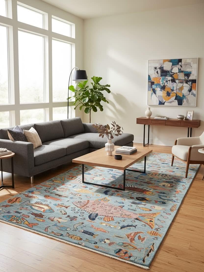 Hand-Knotted Gabbeh Wool Rug – Pictorial Ocean Life Tribal Design, Blue