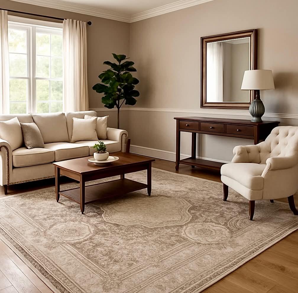 Hand-Knotted Vintage Distressed Wool Rug – Antique Wash Medallion Design, Beige/Neutral