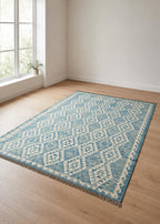 blue and ivory Handwoven Wool Kilim Rug, large Kilim for bedroom, Rustic Boho Tribal Flatweave,