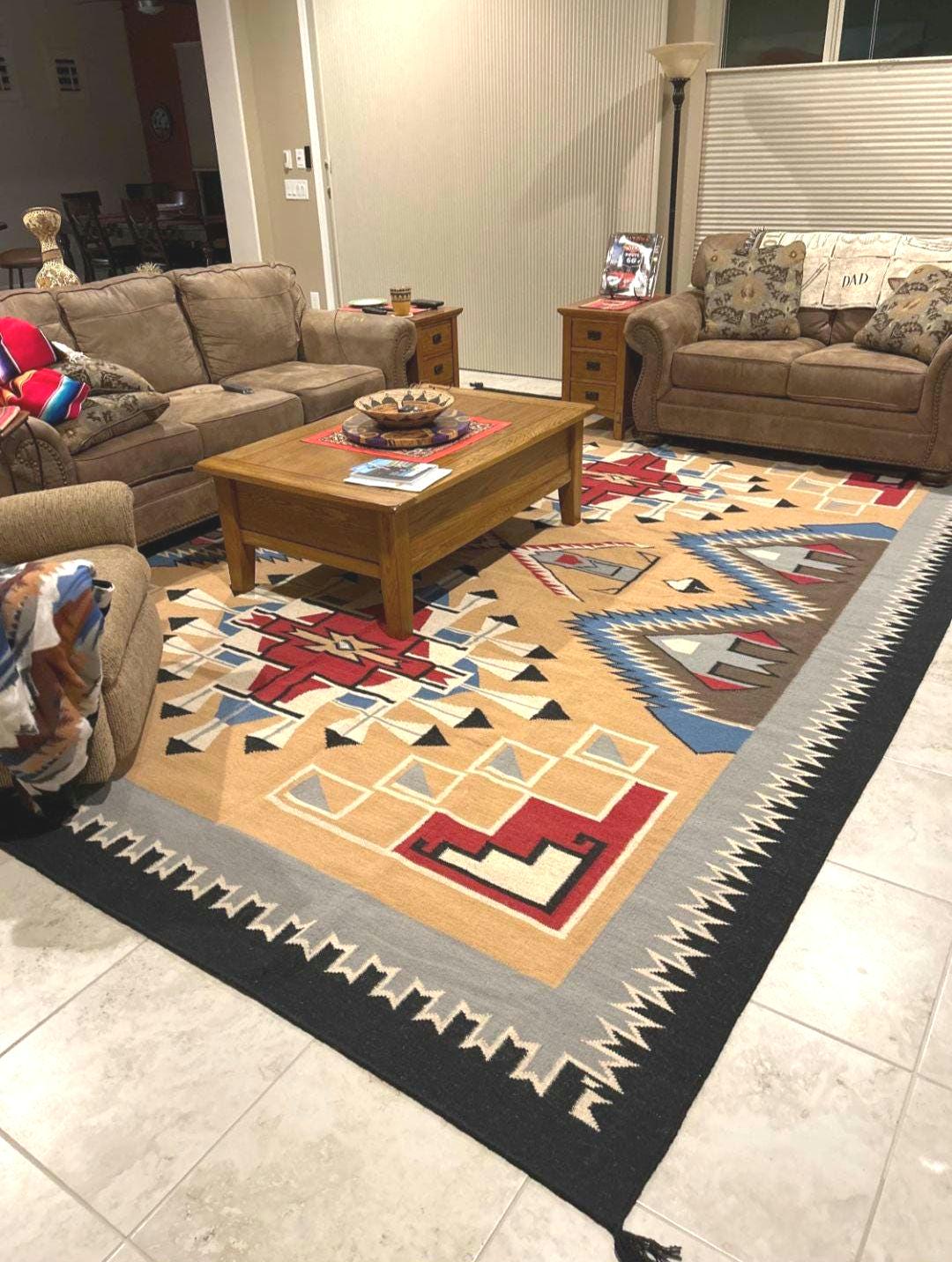 10x12 Handmade Yellow Navajo Kilim | Handwoven Southwestern Wool Rug| Native American Oversized Rug|Handcrafted Tribal Flatweave Area Carpet