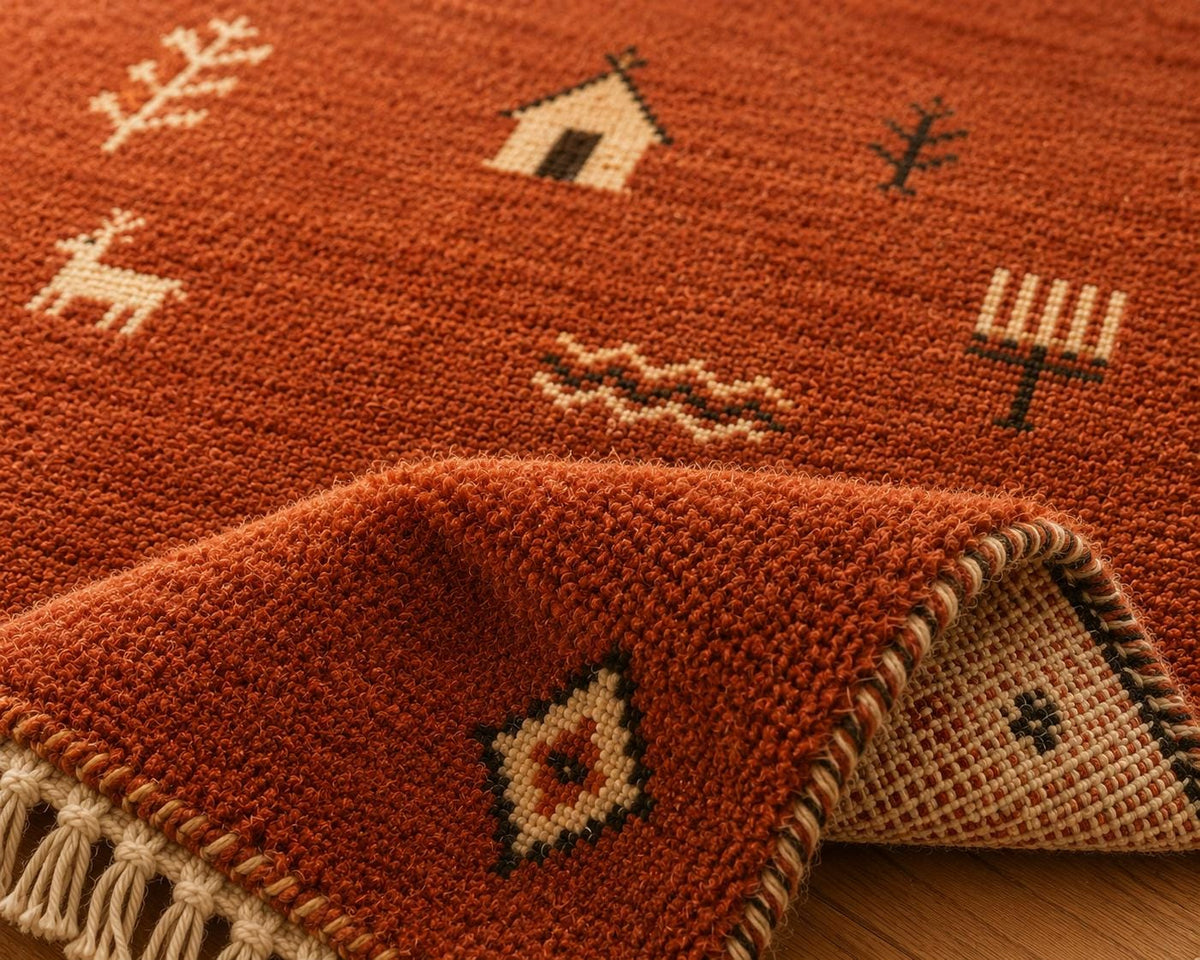 Hand-Knotted Gabbeh Wool Rug – Persian Tribal Thick Pile Rug, Terracotta/Rust