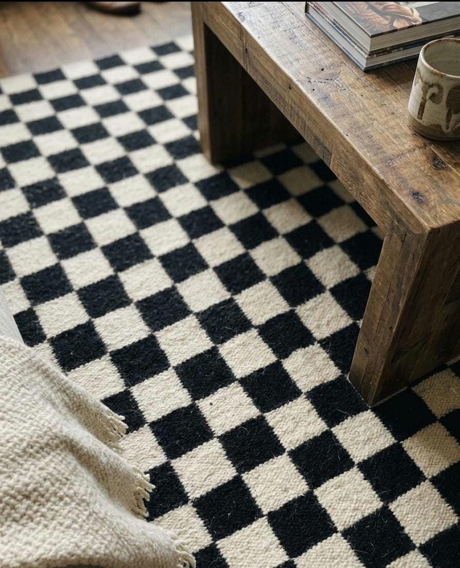 Checkered  Black Geometrical kilim rug, black and cream runner rug,