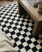 Checkered  Black Geometrical kilim rug, black and cream runner rug,