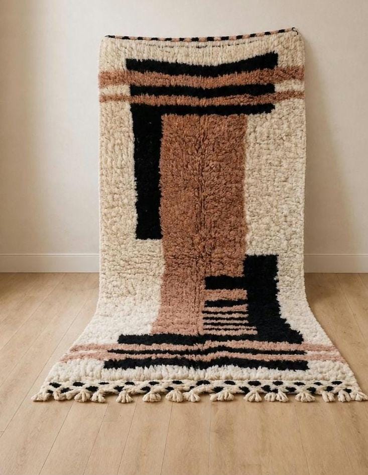 Abstract  Hand knotted Wool  Rug, Brown Cream Black Area Rug, Beni Ourain Style Rug, Thick Pile Boho Rug, Moroccan inspired carpet