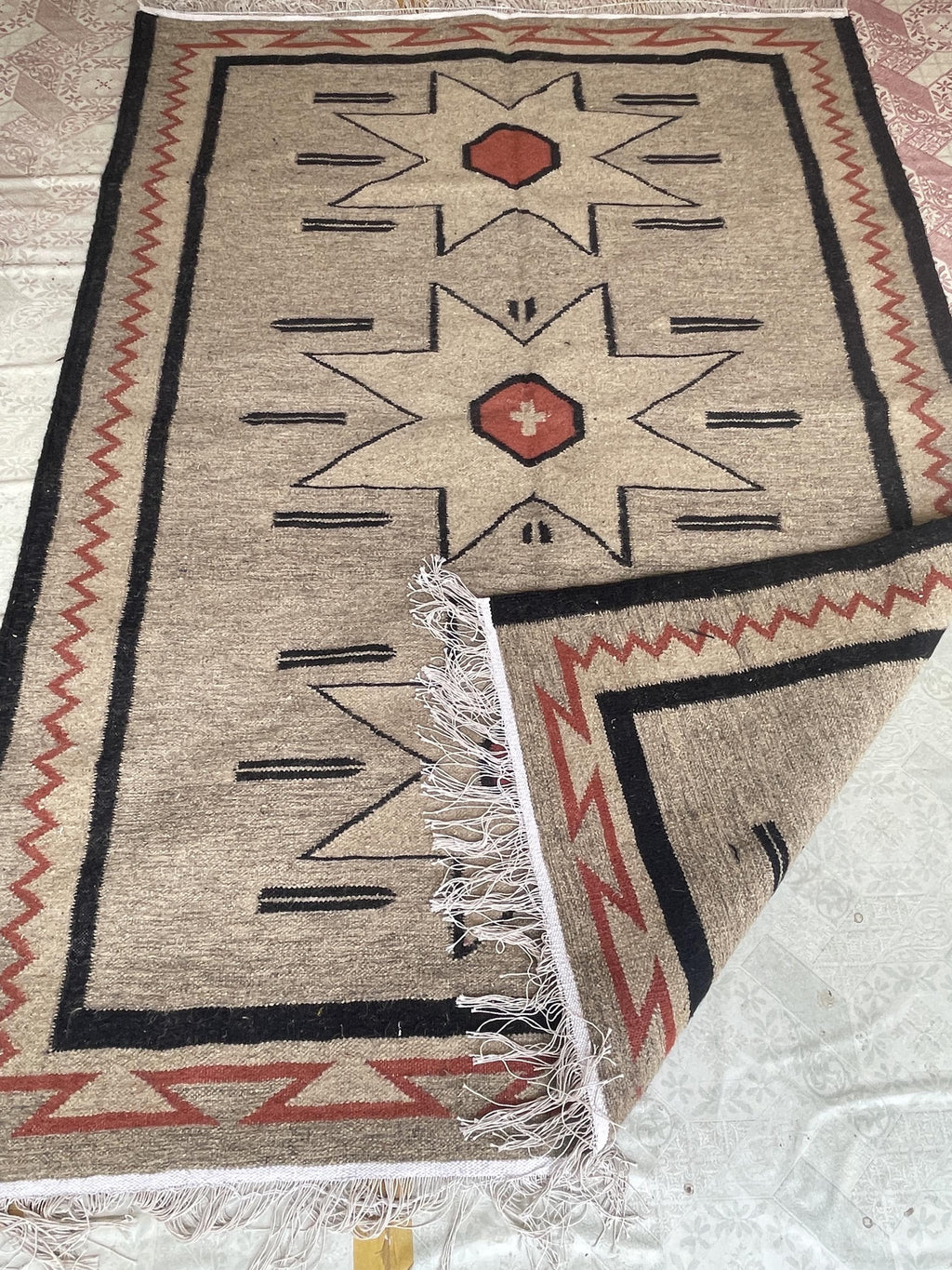 Beige and black Authentic Navajo style 100% wool Rug, custom size , Southwest Native American style Rug,