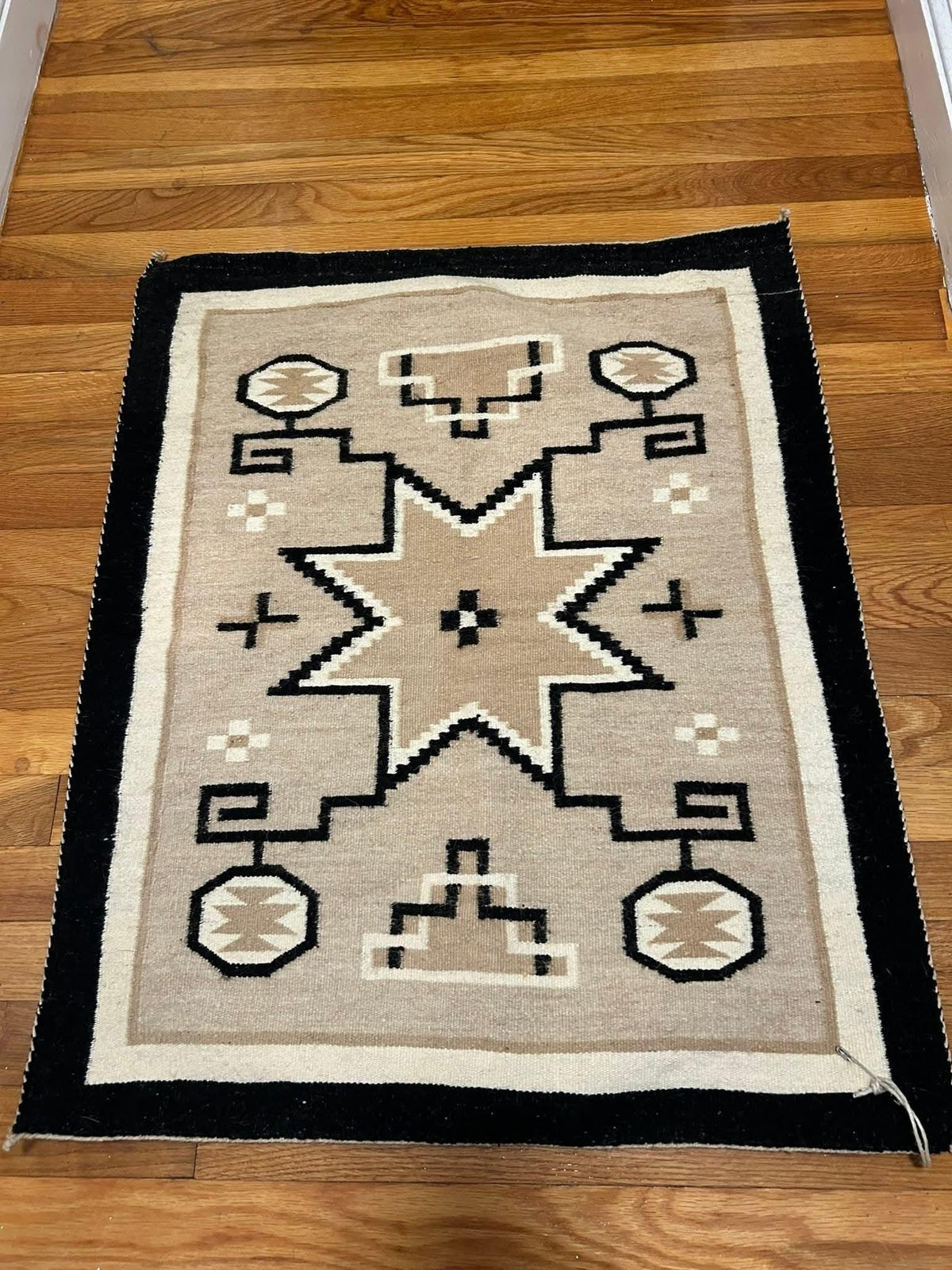 Handwoven Navajo-Style Wool Rug – Southwestern Boho Geometric Design, Earthy Beige & Black