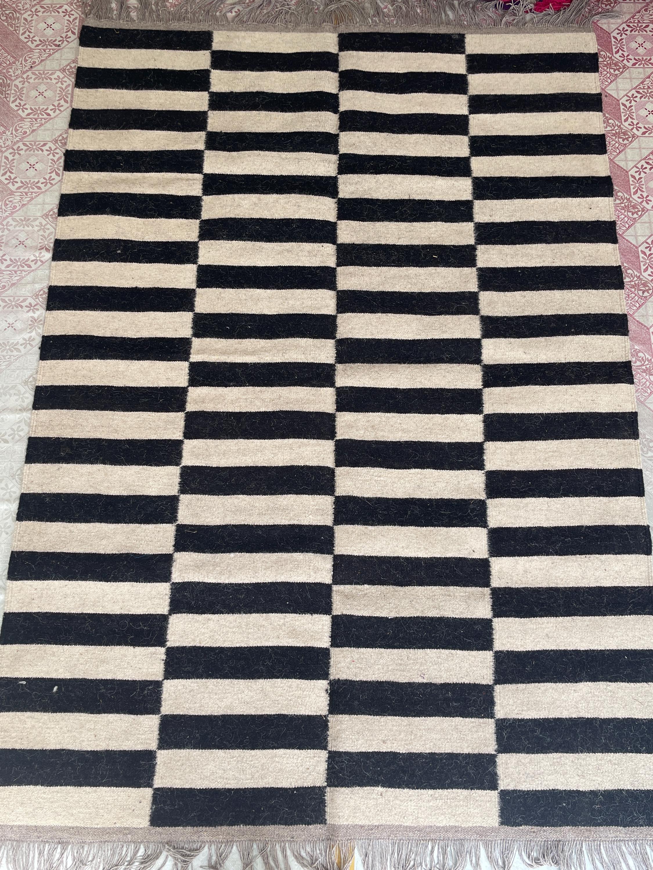 Black White Striped Rug, Scandinavian Minimalist Area Rug, Modern Kilim Carpet, Neutral Monochrome Floor Rug, Nordic Living Room Rug