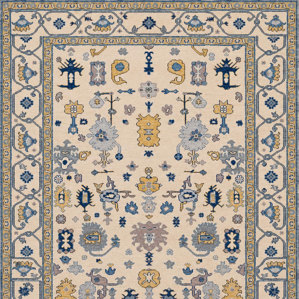 Hand Knotted blue oushak rug, Traditional turkish  Style rug, blue and ivory carpet,