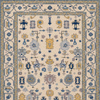 Hand Knotted blue oushak rug, Traditional turkish  Style rug, blue and ivory carpet,