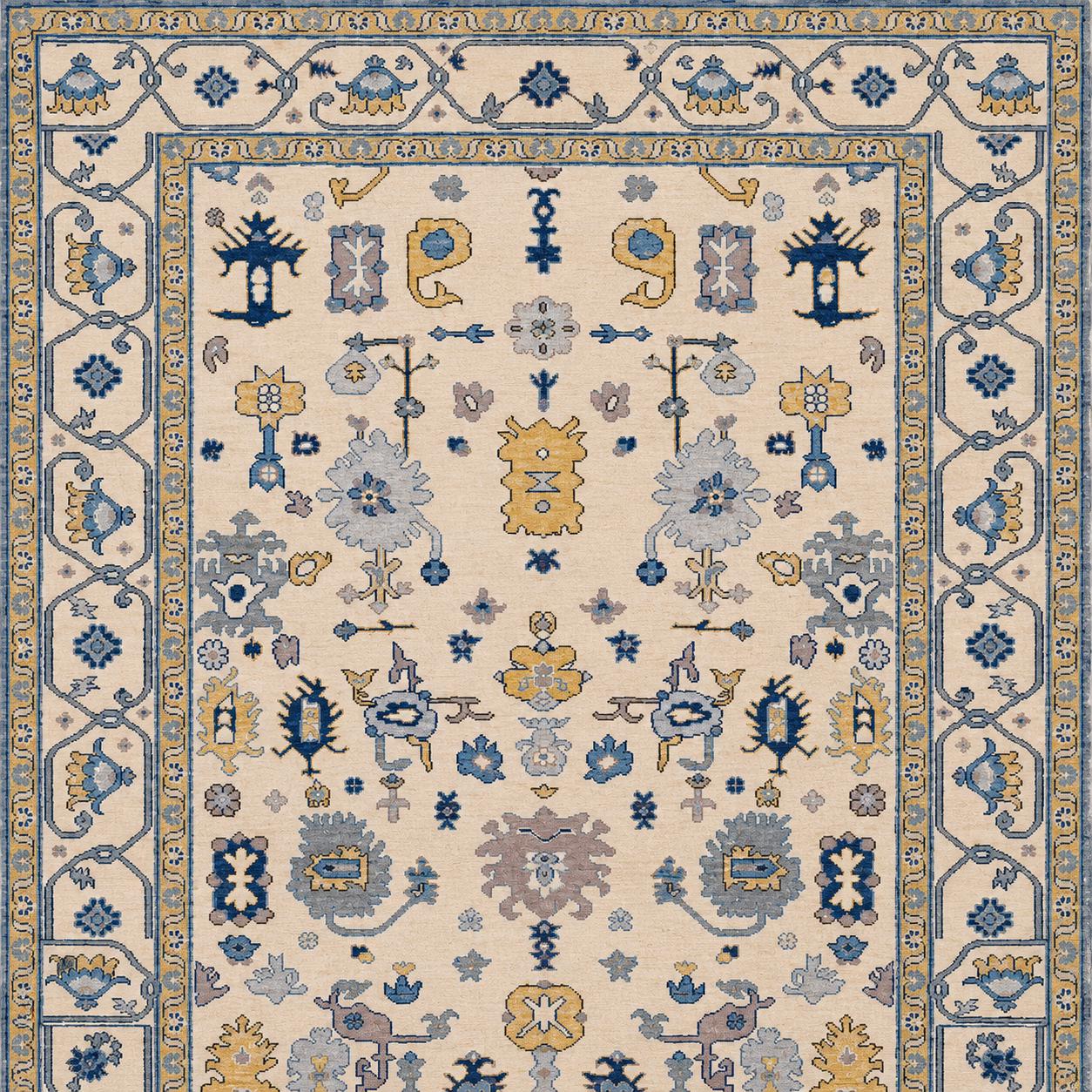Hand Knotted blue oushak rug, Traditional turkish  Style rug, blue and ivory carpet,