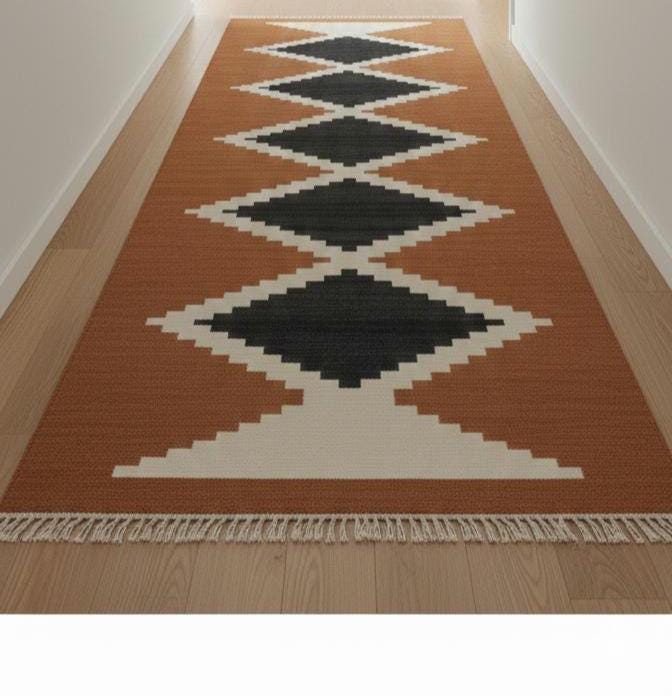 Terracotta kilim rug, brown Southwestern runner rug, Navajo wool rug, native American rug | aztec pattern rug