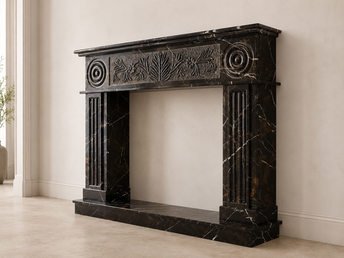 Hand-carved black and gold marble fireplace mantel with floral rosette carving – view 2