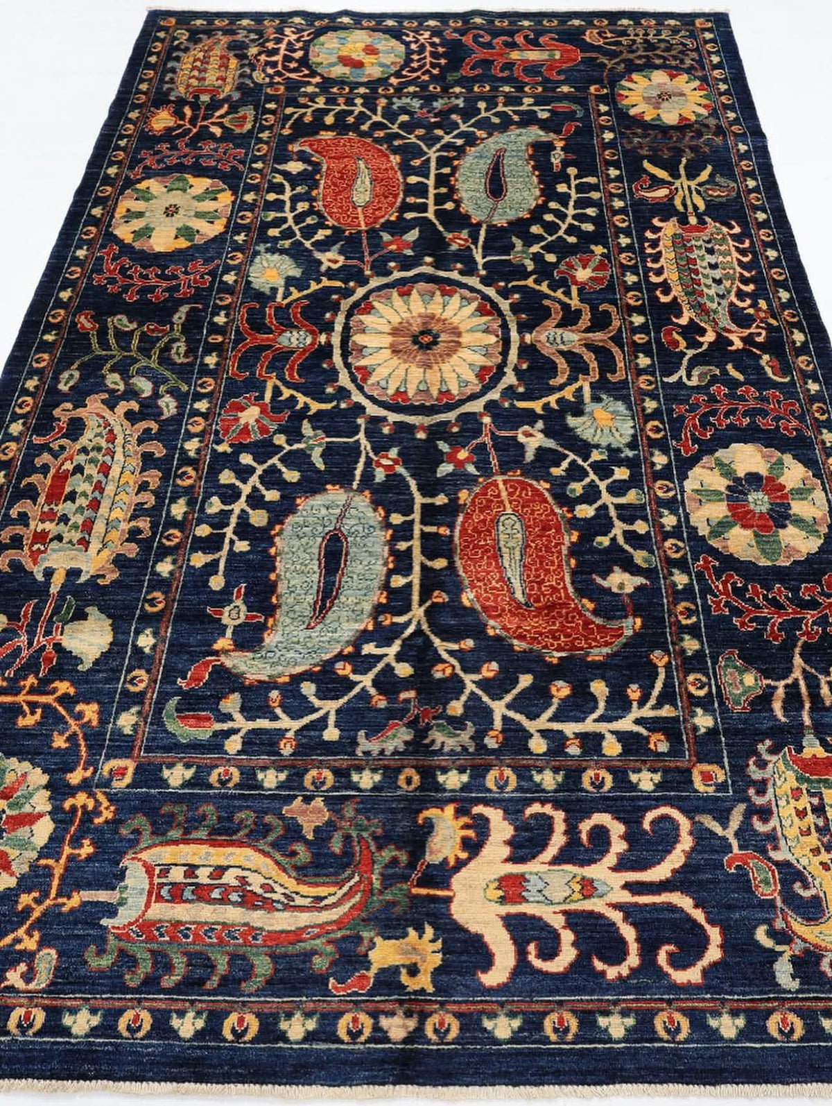 Hand-Knotted Wool Tribal Rug – Luxury Living Room Design, Navy Blue/Indigo