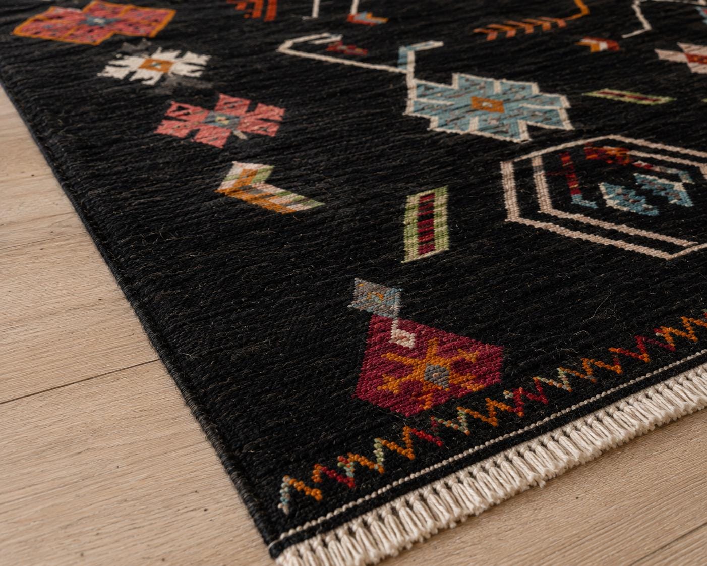 Handwoven Black Wool Kilim Rug, Reversible Flatweave Rug, Tribal Geometric Area Rug, Southwestern Kilim Carpet, Handmade Boho Decor Rug,