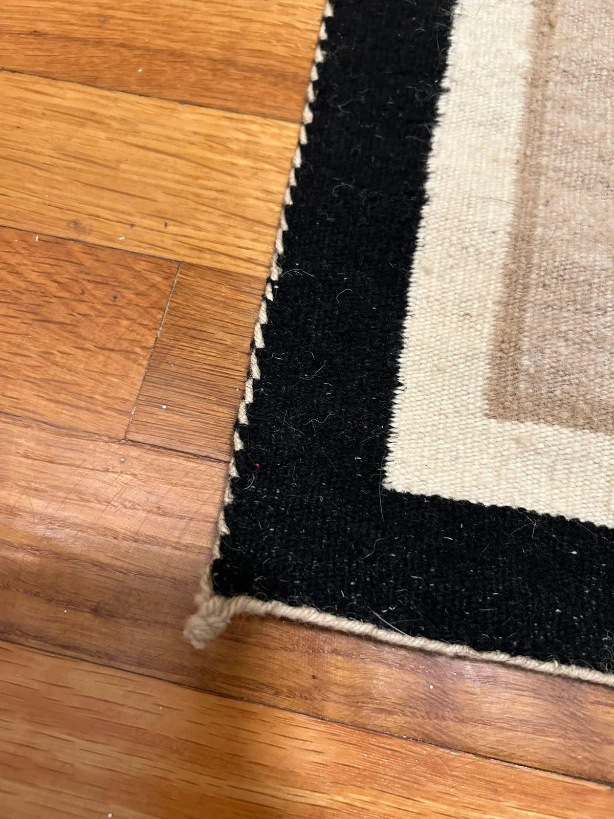 Handwoven Navajo-Style Wool Rug – Southwestern Boho Geometric Design, Earthy Beige & Black