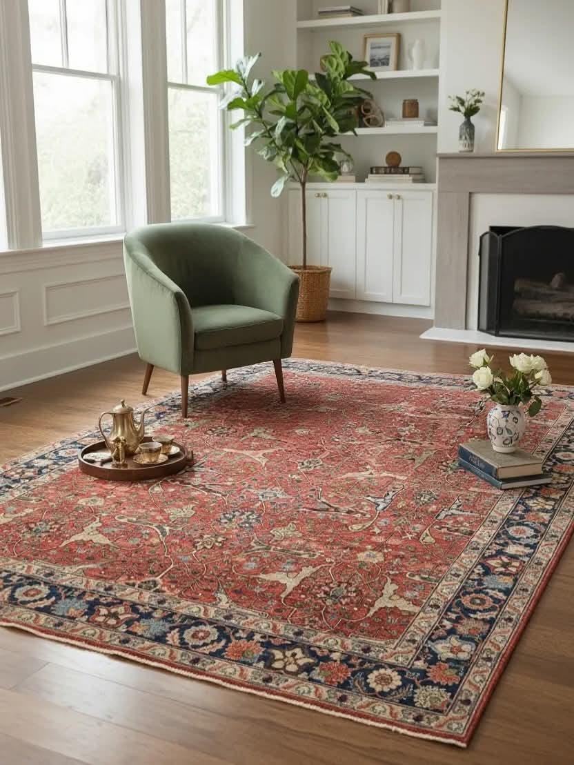 Hand-Knotted Chobi Wool Rug – Traditional Tabriz-Inspired Oriental Design, Red