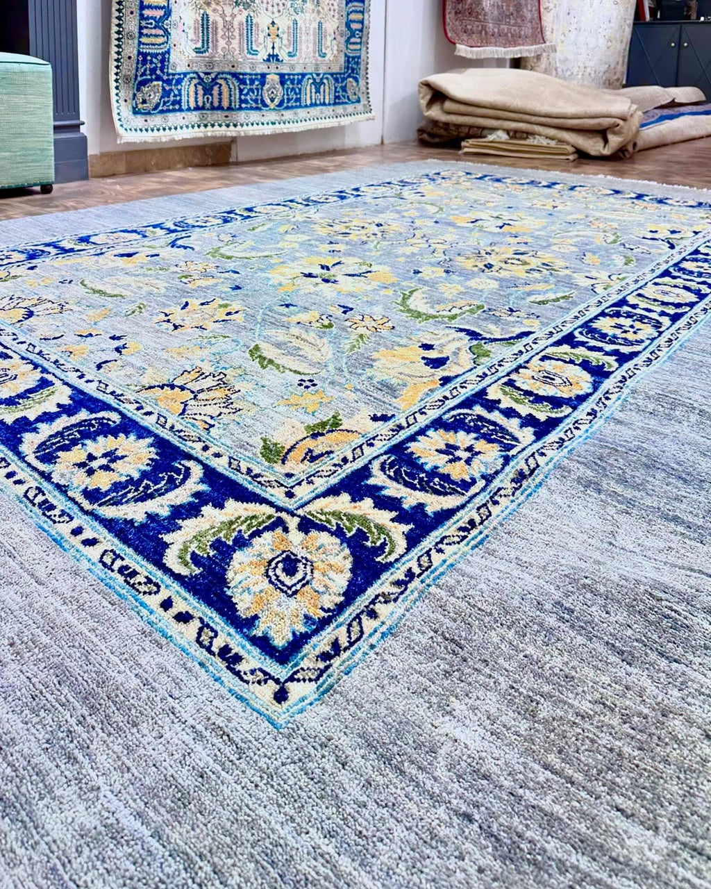 Hand Knotted Grey blue  Oushak Rug, Blue Border Wool Rug, Vintage Floral Area Rug, Neutral Handmade Living Room Carpet