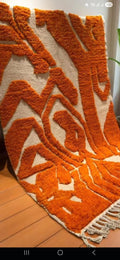 Orange and cream Handmade Moroccan Rug | Wool Beni Ourain Carpet | woolen handtufted moroccan kilim, Abstract Geometric Berber Rug