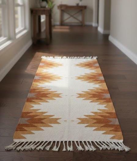 Southwestern Geometric Wool Hallway Runner | Handwoven Tribal Pattern Rug | Boho Entryway Wool Runner | Aztec Kilim Corridor Farmhouse Rug